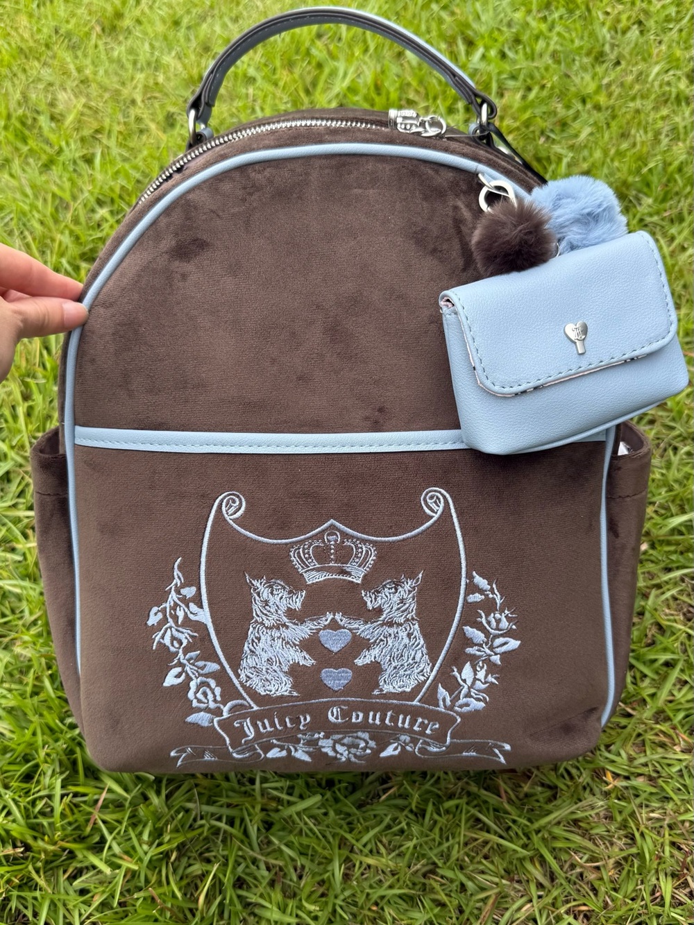 Juicy Couture Brown Backpack with Light Blue Trim & Pouch